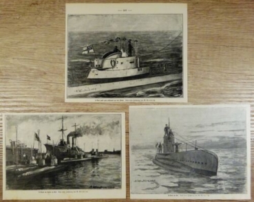 1917 - alter Druck - 3 Bilder von U-Booten, 1. Weltkrieg